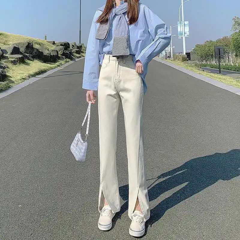 

Split jeans women's High Waist Wide Leg light blue new spring and summer thin straight tube slim micro flared pants