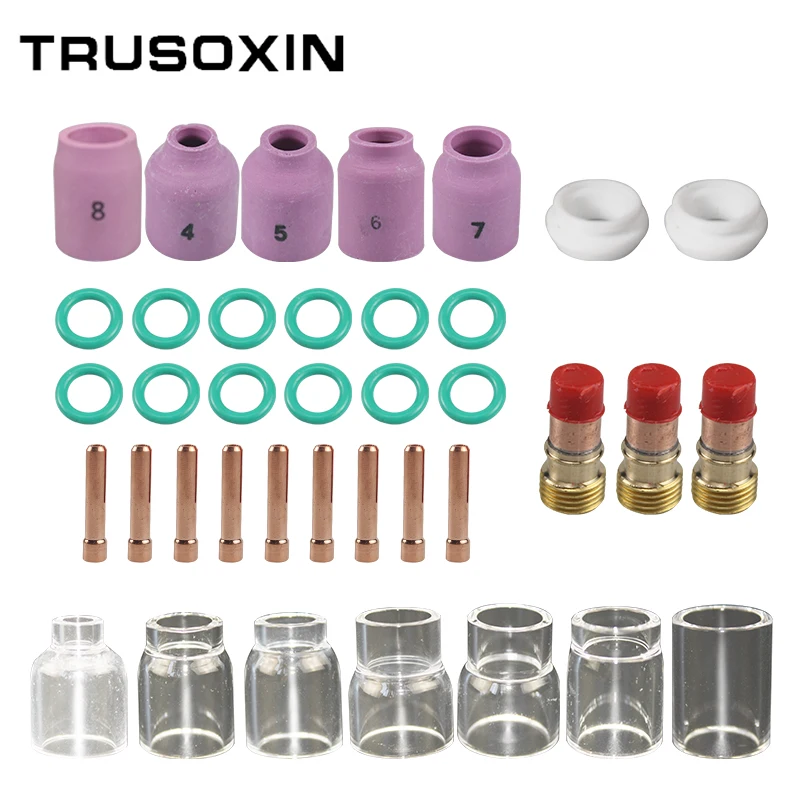 

38Pcs/lot TIG Welding Torch Nozzle Ring Cover Gas Lens Glass Cup Kit For WP17/18/26 Welding Accessories Tool Kit Set