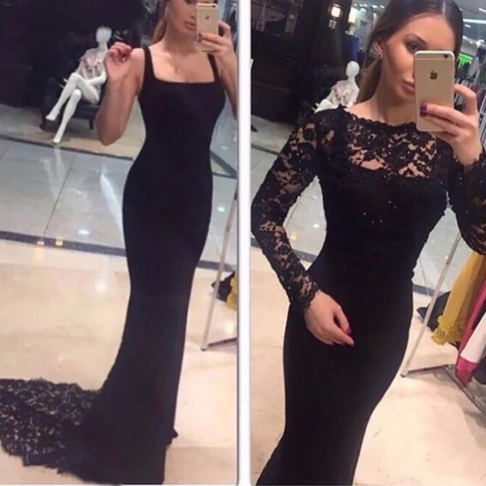 

Mermaid ladle neck lace with floral beading long sleeve black ball gown black sexy two piece long evening dress