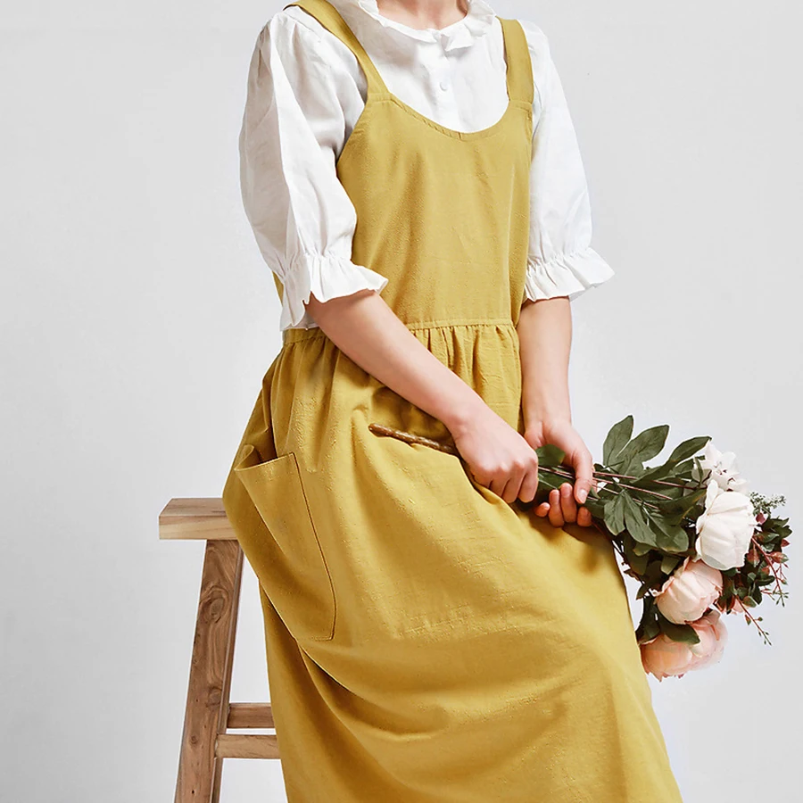 

Solid Color Nordic Aprons Customized Cotton Linen Art Florist Garden Pockets Cleaning Apron Barista Delantal Cocina Overalls