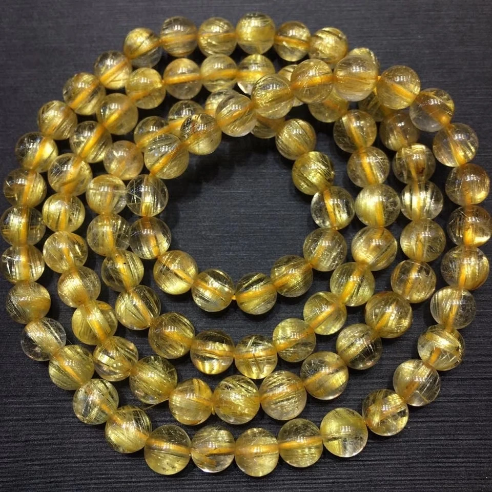 

Genuine Natural Gold Rutilated Quartz Woman Titanium Bracelet 6mm 3 Laps Clear Round Beads Jewelry Brazil AAAAAAA