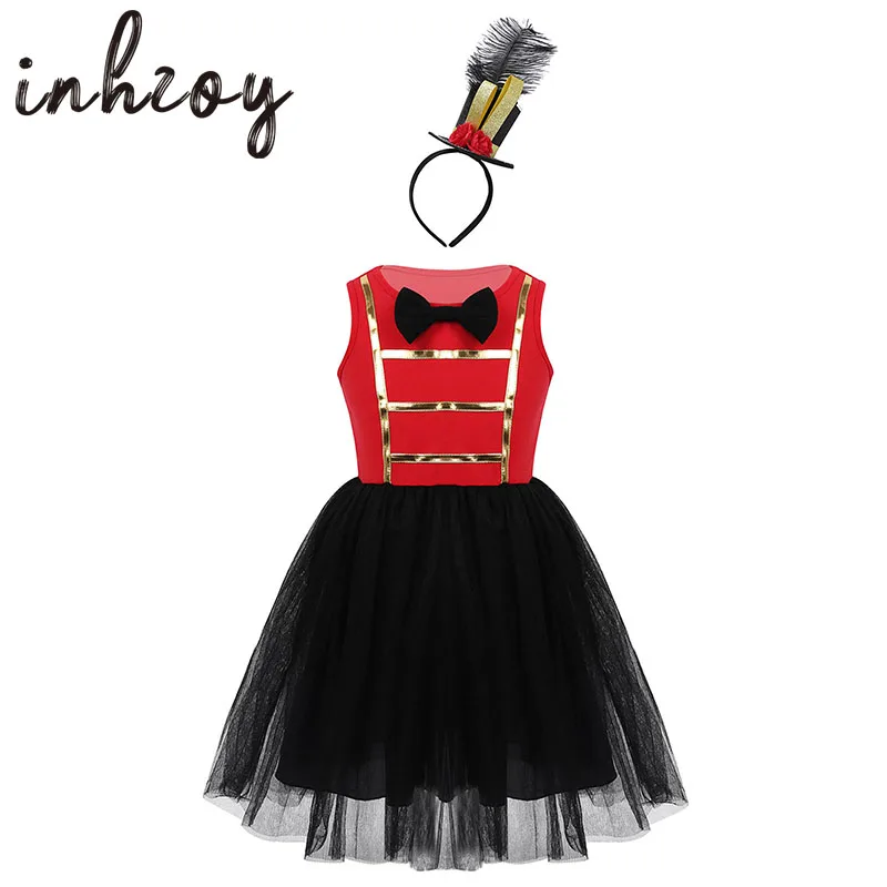 

Kids Girls Christmas Halloween Cosplay Party Ringmaster Showman Outfit Circus Costume Sleeveless Bowtie Mesh Dress with Headwear