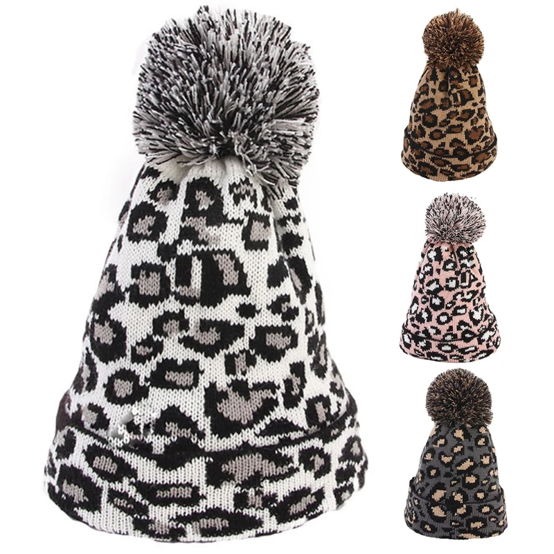 Женская Зимняя Вязаная Шапка бини винтажная с леопардовым узором жаккардовая