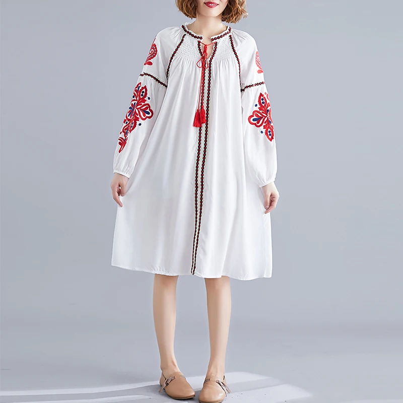 MUMUZI Lantern Sleeve Dress Female autumn New Heavy Industry Embroidery National Wind dress Tassel Lace Holiday dresses | Женская одежда