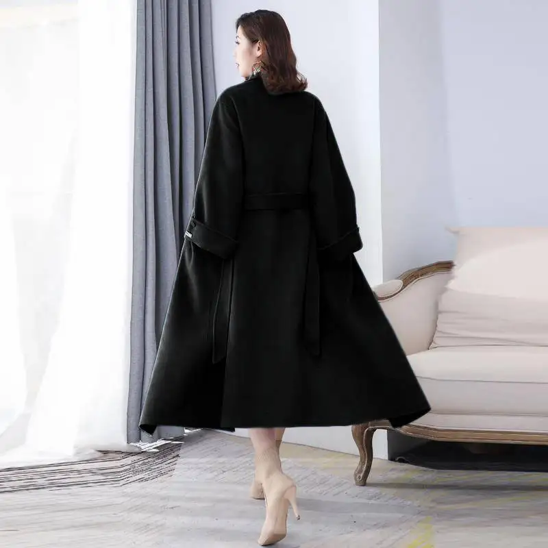 

HStar 2020 Winter solid women Double-Sided Wool coats lady sashes turn down collar elegant coats female A-line coats