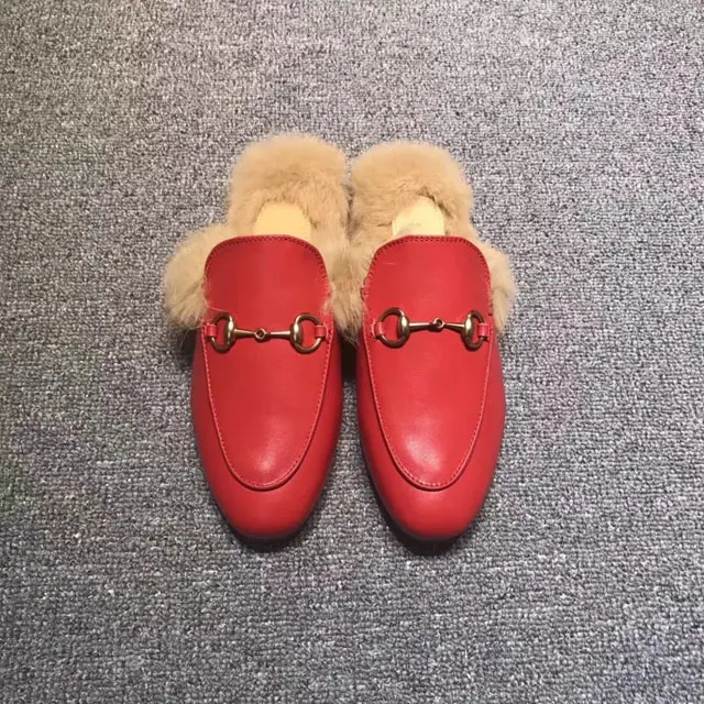 Fur Red Leather VISI HOP/ г.; модные Настоящий мех кролика; Шлепанцы из натуральной кожи; женские пушистые тапочки; зимняя теплая обувь - Цвет: Fur Red Leather