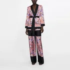 Женский весенний костюм, лоскутный пиджак с цветочным принтом и поясом, элегантный офисный пиджак с V-образным вырезом и брюки, XZ1939