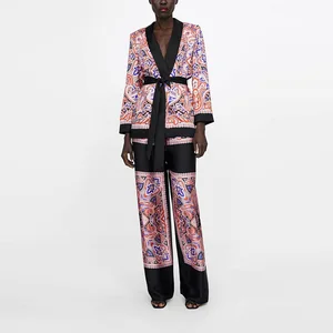 Женский весенний костюм, лоскутный пиджак с цветочным принтом и поясом, элегантный офисный пиджак с V-образным вырезом и брюки, XZ1939