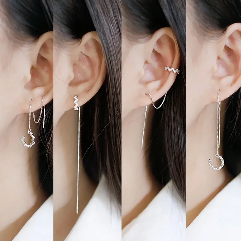 

New Fashion Long Tassel Ear Line Earrings Elegant Rhinestone Silver Color Ear Cuff Jewelry for Female Girls Trendy Drop Earrings