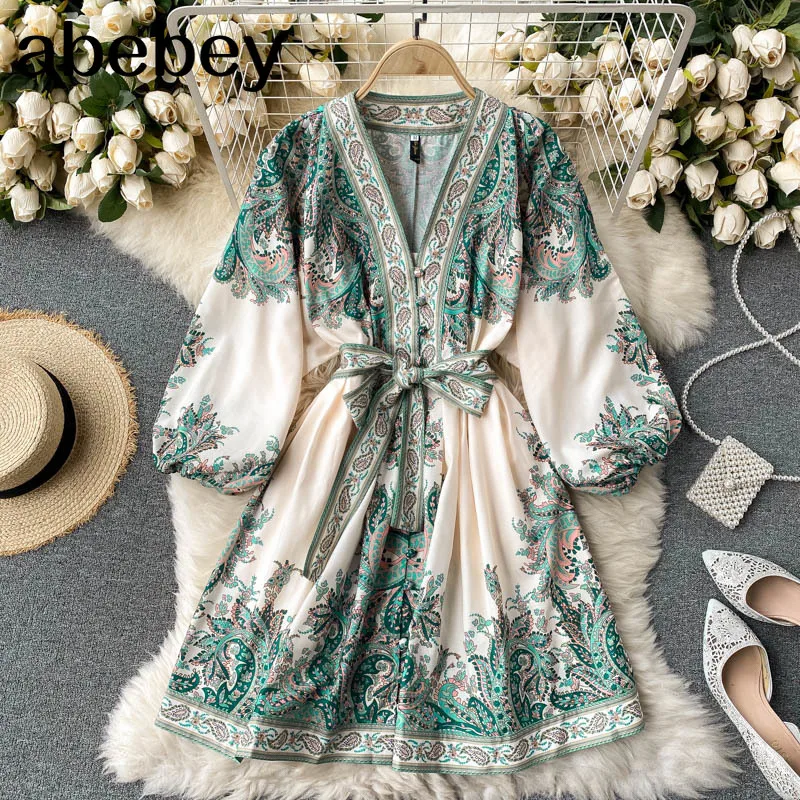 

Women Dresses Spring Summer 2021 Runway Fashion Paisley Print Vintage Dress V Neck 3/4 Balloon Sleeve Belted Mini Dress