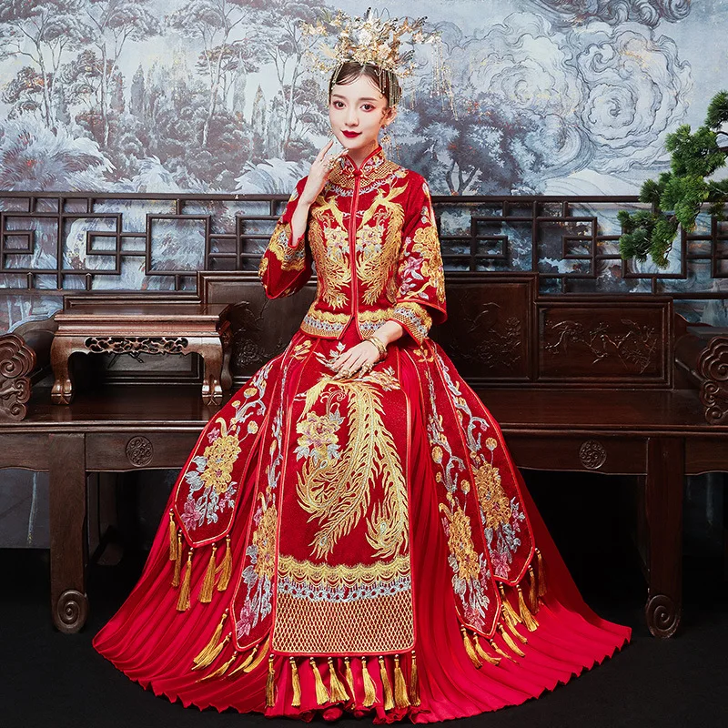 

FZSLCYIYI изысканное свадебное платье с вышивкой Феникса для невесты Ретро Ципао китайский Чонсам для невесты потрясающая одежда Размер S-2XL