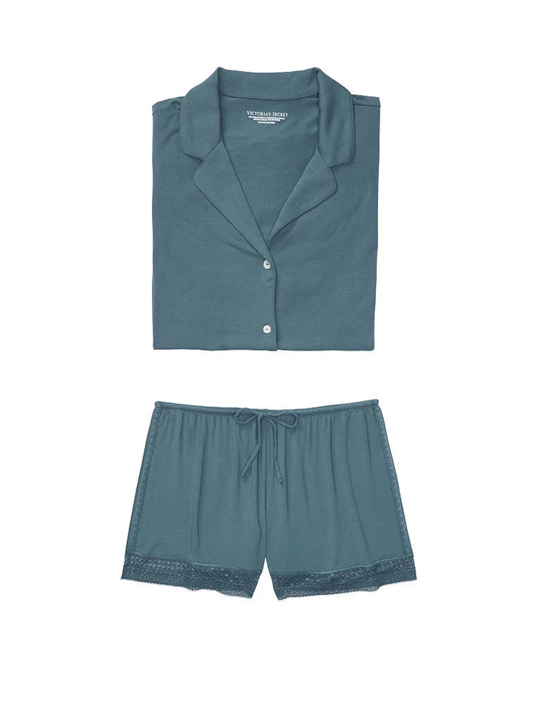 Трикотажный Пижамный костюм с короткими рукавами шорты кружевной отделкой