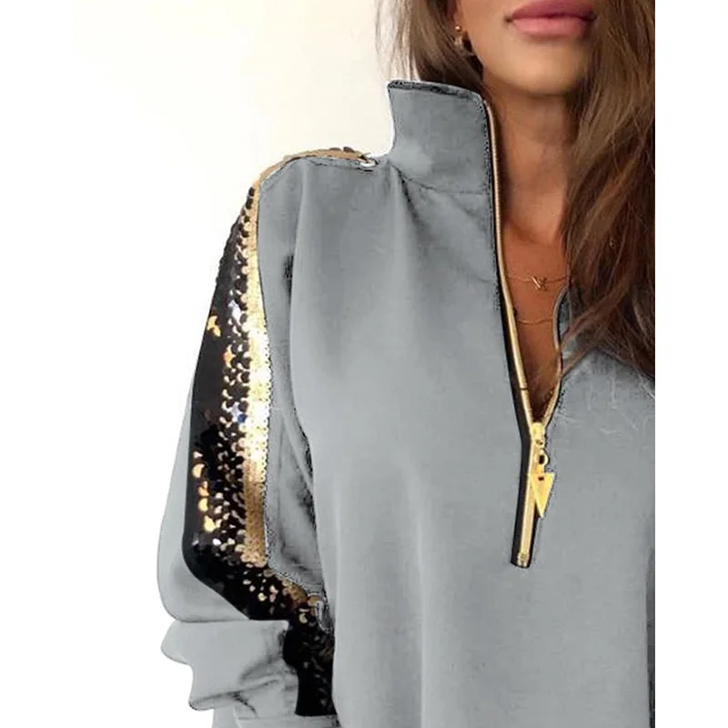 

Long Sleeve Casual Shirt Women Zipper Pullover Sequined Harajuku Tee Shirt Femme Spring Womens Clothing 2020 SJ5320X