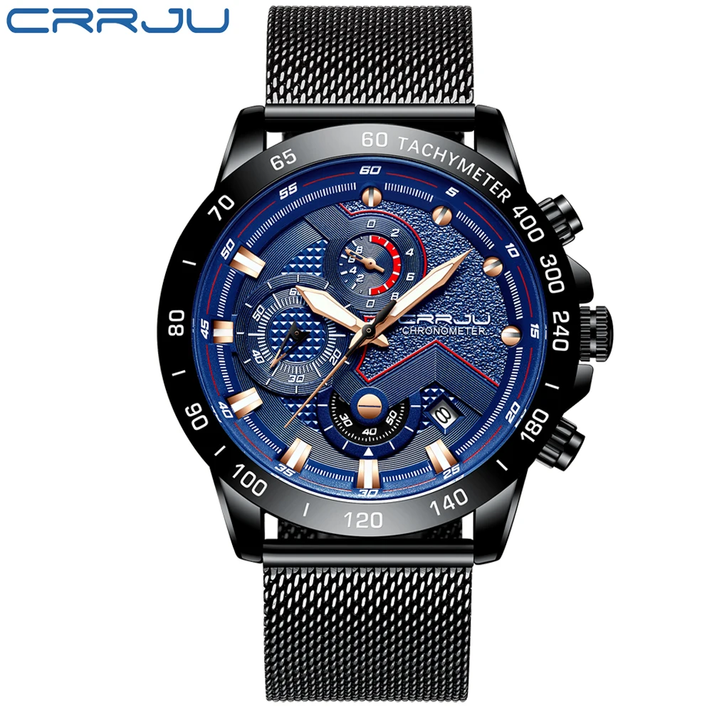 black blue M Современный дизайн Crrju Menes Часы Синий Золотой Большой циферблат Кварцевые часы Топ люксовый бренд календарь наручные часы хронограф спортивные мужские часы - Цвет: black blue M