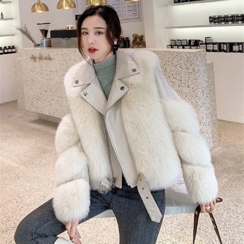 2021 New Skin Thin Jacket Ms. Fox Fur Coat Female Motorcycle Model Leather FashionShort Coat Women's Coat Fur Jacket Fox Fur