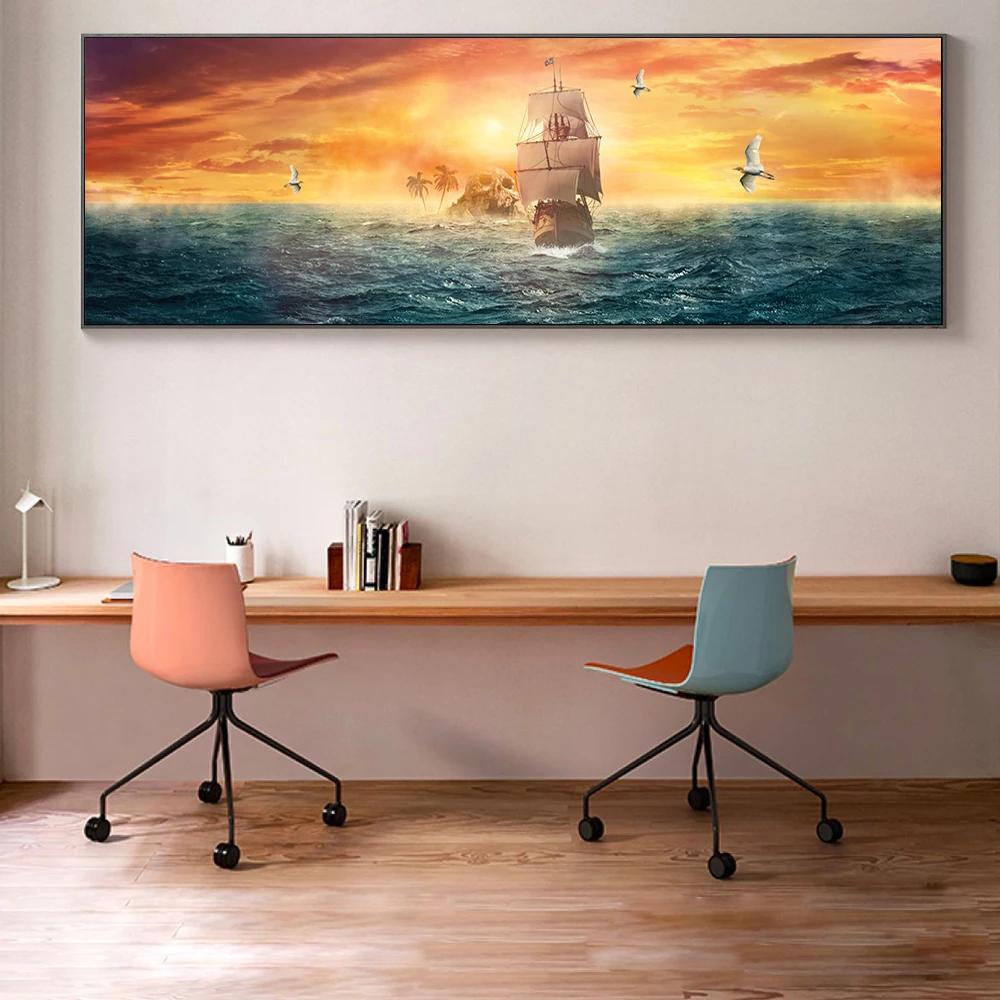 

Sailing Ship On The Sea Canvas Paintings On the Wall Art Posters And Prints Sunset of Sea Canvas Pictures For Bed Room Cuadros