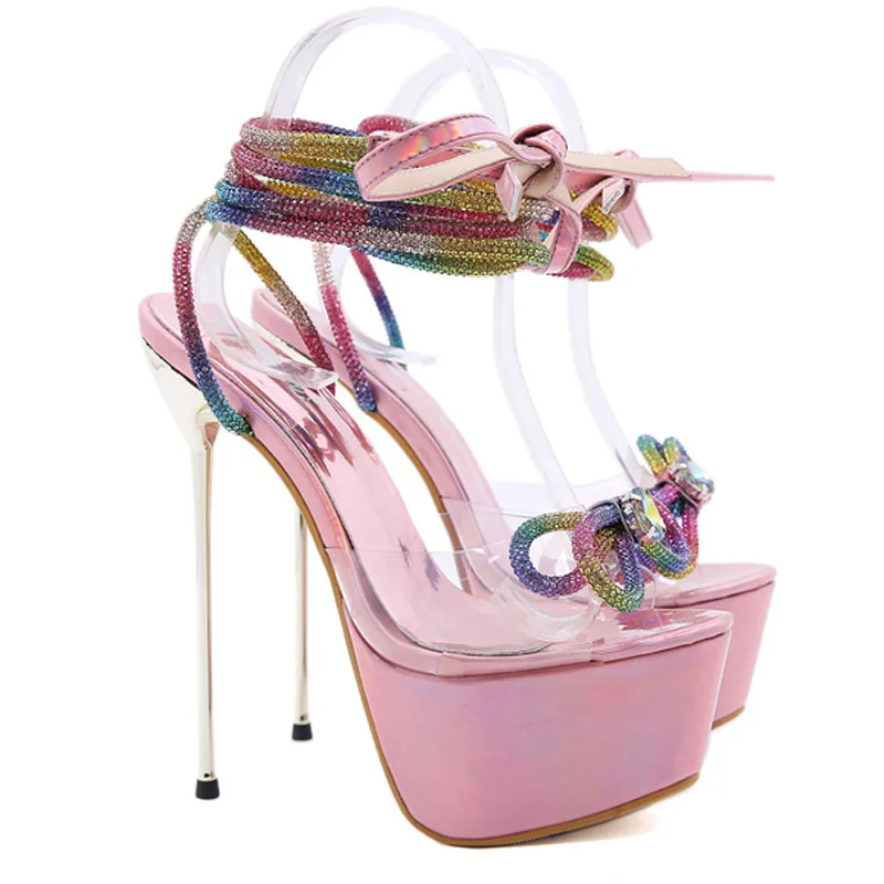 

Women sandals new ribbon super high heel diamond bow sandals ankle strap waterproof platform women's shoes