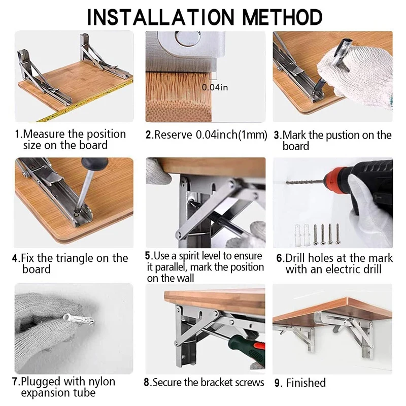 

NEW-2 Packs Stainless Steel Folding Bracket (Load 180LB) Space-Saving DIY Workbench Wall-Mounted Desktop Shelf
