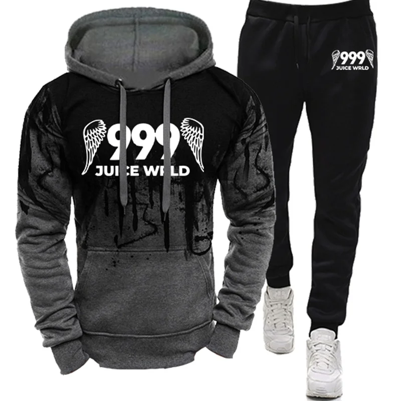 

Fashionable Men's Ink-Splashing Printing Casual Suit Sets Men's Ink-Splashing Tops Hooded Sweater And Trousers Two-Piece Suit