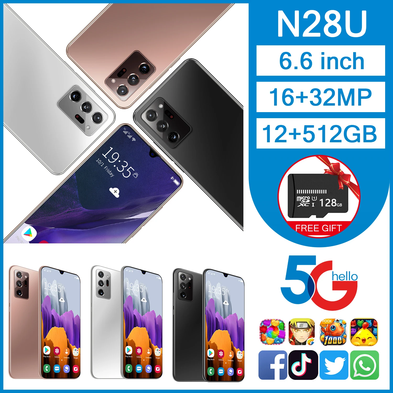 

N28 ULTRA6.6 Inch Lockless smartphonr 12GB RAM + 512GB ROM smartphonr Smartphone with Dual Sim Card