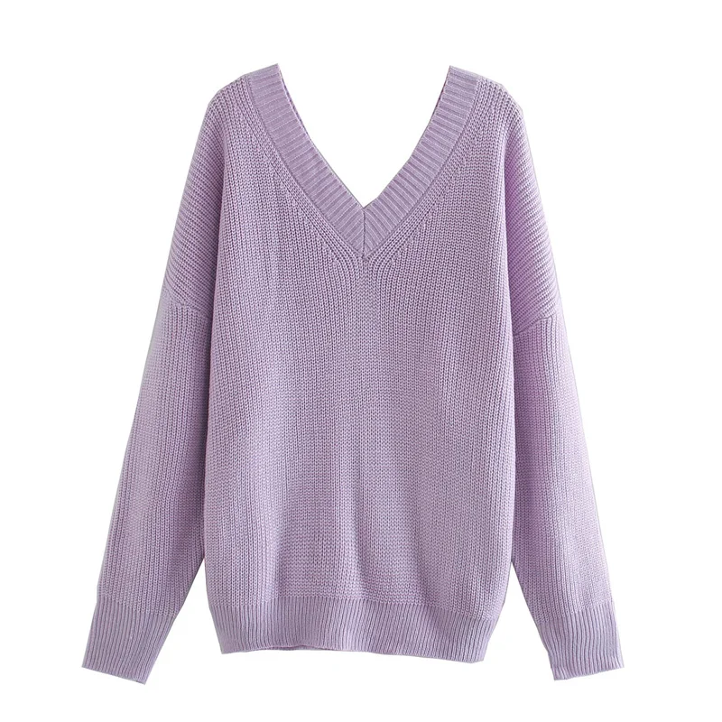 

Spring and autumn women's sweater casual solid color V-neck long-sleeved loose sweater