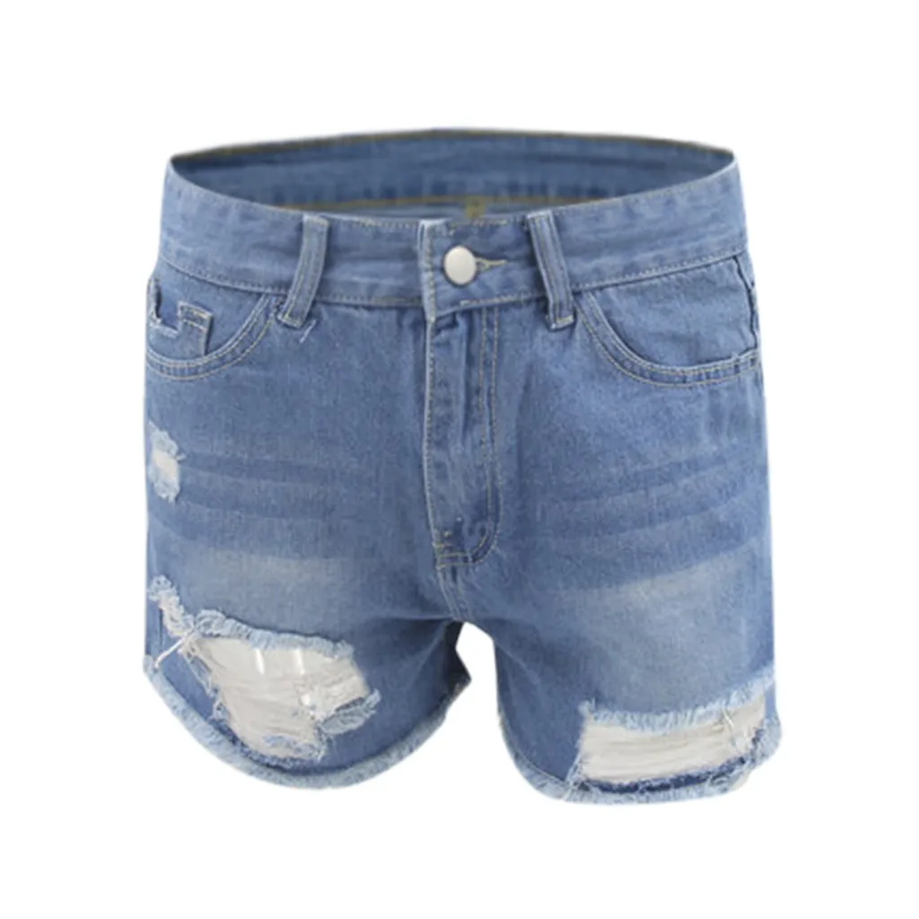 

High Waist Denim Shorts Women Korean Solid Cuffed Tassels Ripped Holes Blue Jeans Shorts Sexy Club Hot Shorts