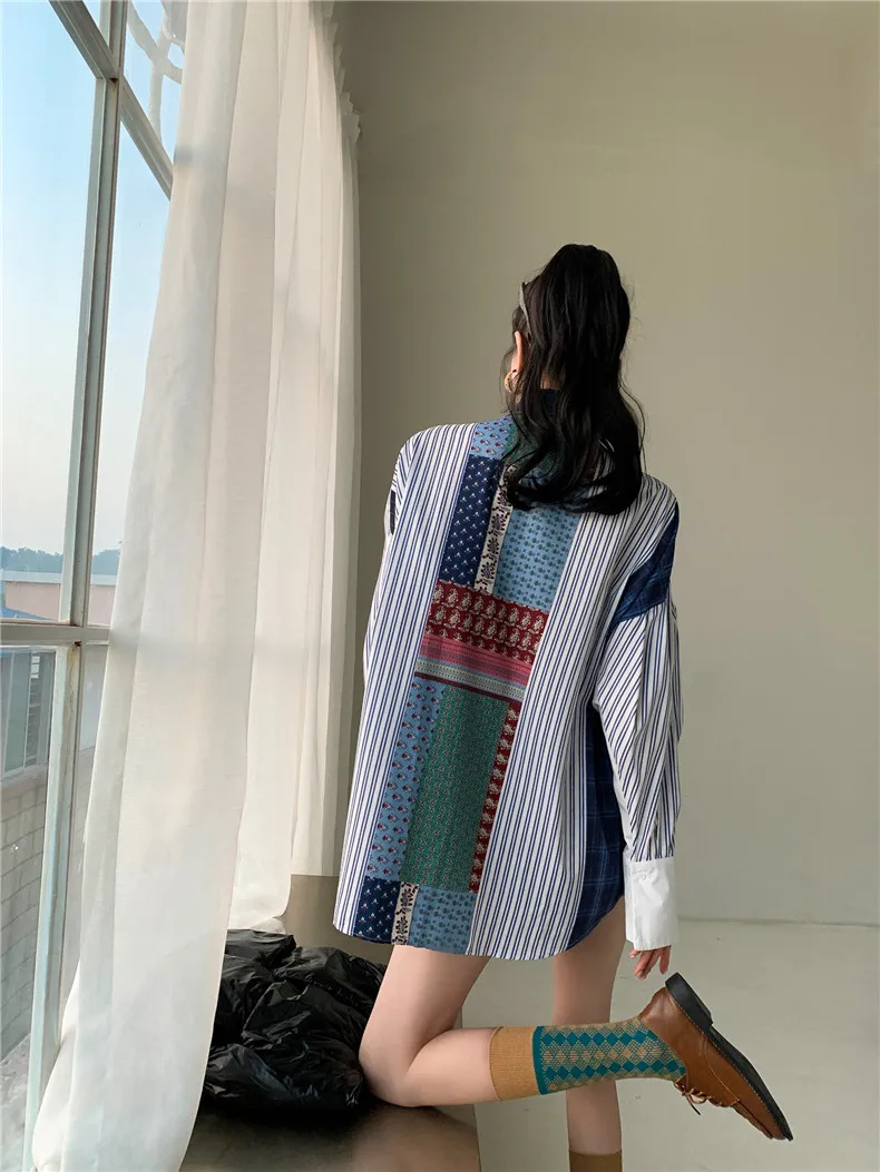 

Bornladies Vintage Denin Patchwork Oversized Shirt Women Long Sleeve Top And Blouse Button Up Collar Desinger Fashion 2021