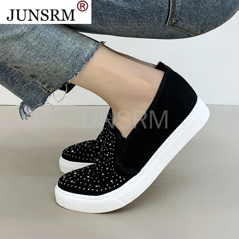 

Crystal Slip on Flat Shoes Woman Loafers Black Sequined Cloth Cotton Casual Shoes Women Flats Grey Sneakers Spring Autumn 8643G