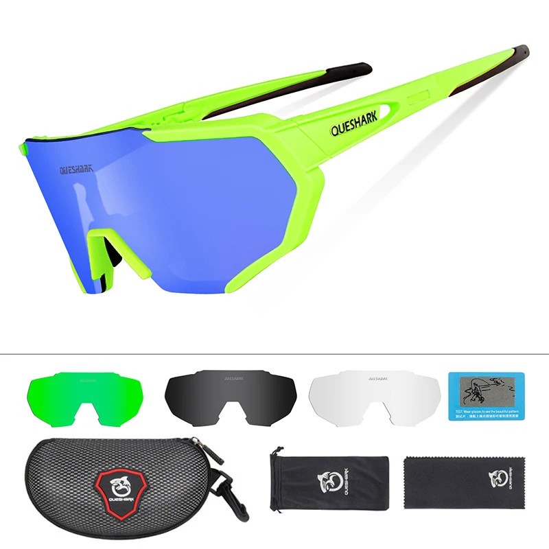 4 Lens Green Blue QUESHARK, дизайн, очки для велоспорта для мужчин и женщин,, полностью покрытые линзы, UV400, поляризационные, 3 или 4 линзы, всего - Цвет: 4 Lens Green Blue