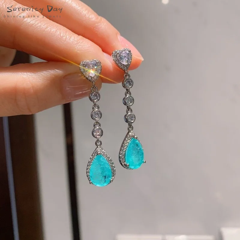 

Serenity Day Female Earring Copper Gold Plated Paraiba Tourmaline Gemstone Necklace Earrings Dubai Jewelry Sets Fine Jewelry