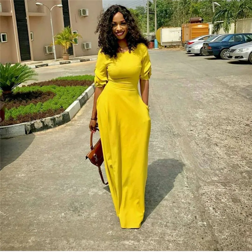 Модное повседневное длинное платье с круглым вырезом и коротким рукавом