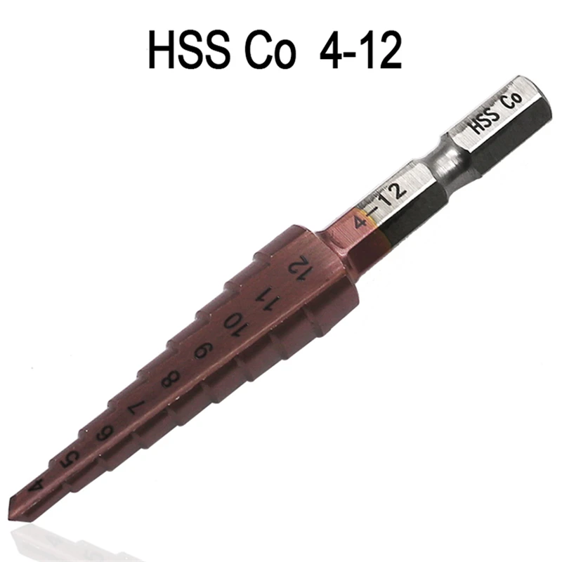 

M35 HSS CO Step Drill Bits 4-12mm Woodworking 1/4'' 6.35mm Hex Shank Pagoda Cobalt Coated Power Drill Bit Tool Hole Cutter
