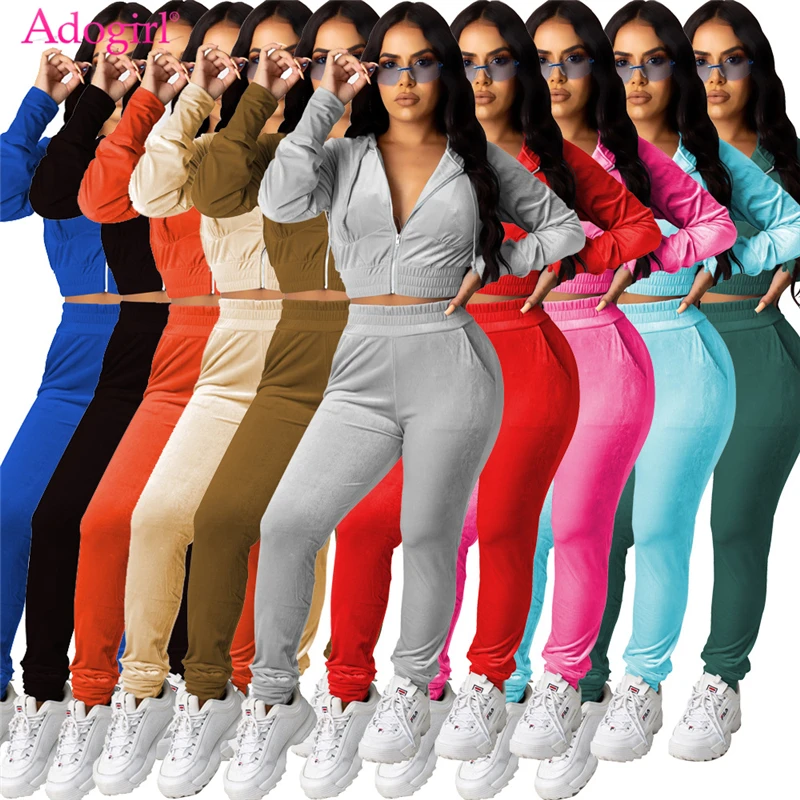 Adogirl 2020 New Women Velvet Two Piece Set Jogging Suit Zipper Long Sleeve Hooded Jacket Crop Top Pencil Pants Tracksuit |