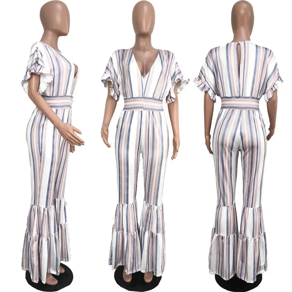 Женский комбинезон с принтом в полоску пляжный высокой талией и широкими