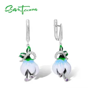 Женские серебряные серьги SANTUZZA, из серебра 925 пробы с белыми цветущими цветами, эмалевые ювелирные украшения ручной работы