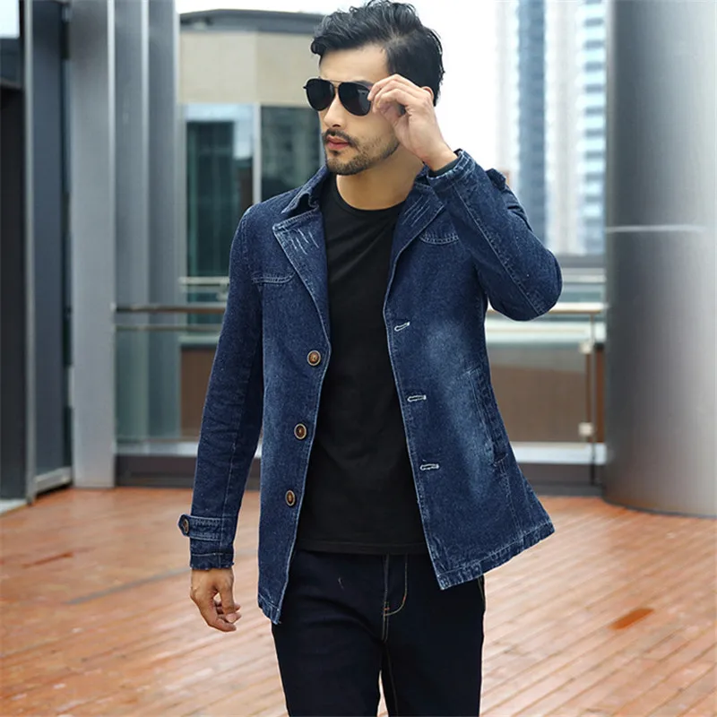 Пиджак мужской джинсовый Модный хлопковый винтажный костюм верхняя одежда синее