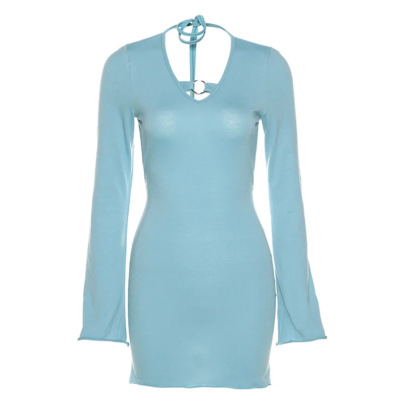 

Autumn New Women's Fashion Long-sleeved Sexy V-neck Halter Lace-up Slim-fit Split Dress Women