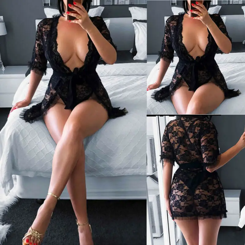 Black V-Neck Sexy Mini Dress US Lace Sleepwear Women's G-string Underwear Babydoll Nightwear Chemises | Тематическая одежда и
