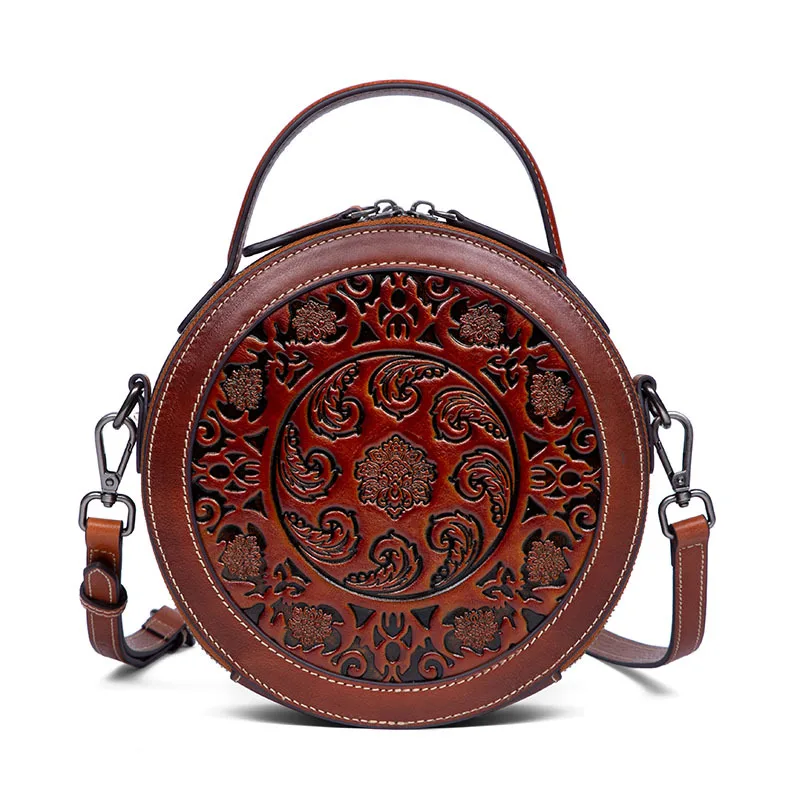 

New ladies round bag leather vintage handbag first leather shoulder bag embossed leather carving craft bag ladies hand bag purse