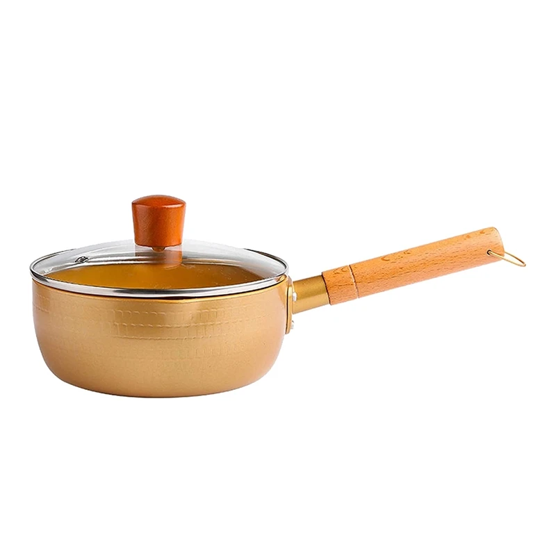 

Golden Non Stick Frying Pan Breakfast Egg Pan Milk Soup Pot Wooden Handle Pot Kitchen Utensils