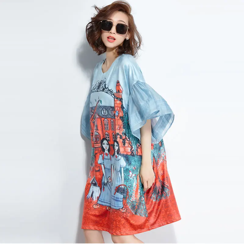 2020 женское модное платье с расклешенными рукавами Европейский стиль принт плюс