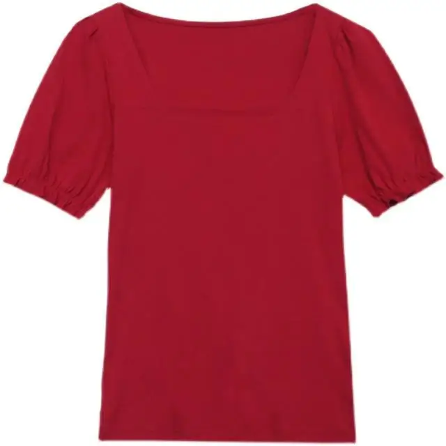 

2021 square neck bubble sleeve T-shirt women's short sleeve solid color shirt