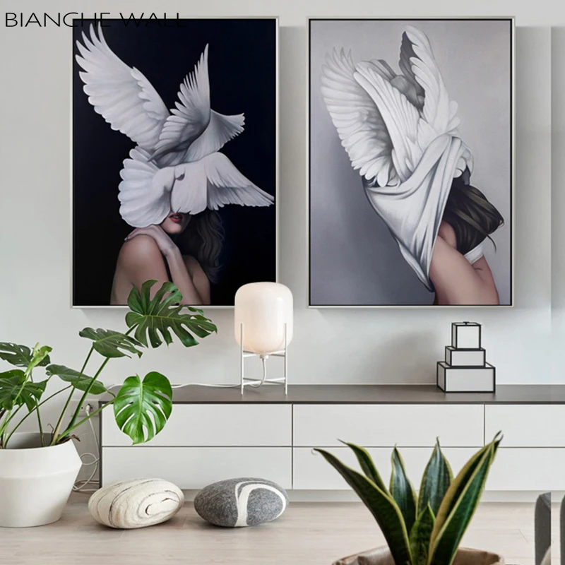 Черно белое абстрактное перо женская модная настенная живопись на холсте
