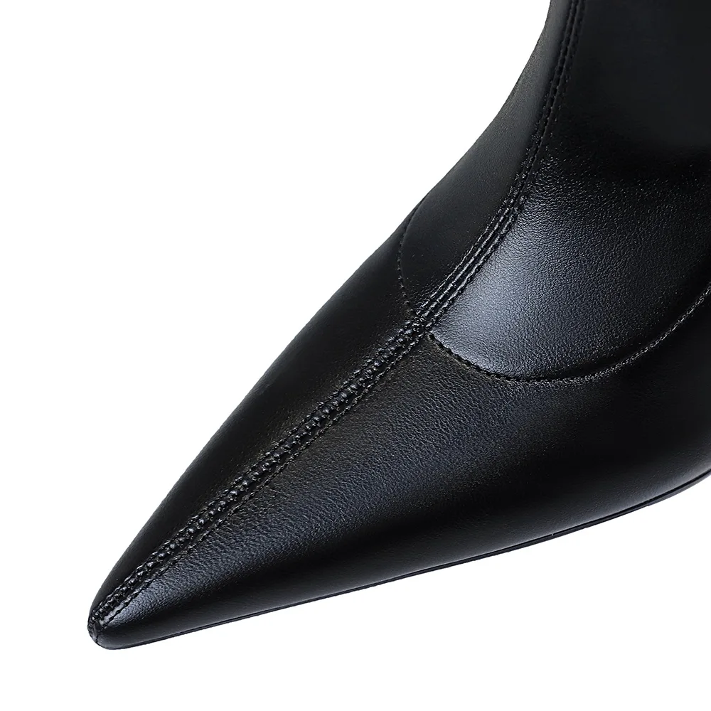 BIGTREE Women Black PU Leather Over-the-knee Boots Metal Square Heel Heels Shoes Sexy Pointed Toe Ladies Motorcycle Booties