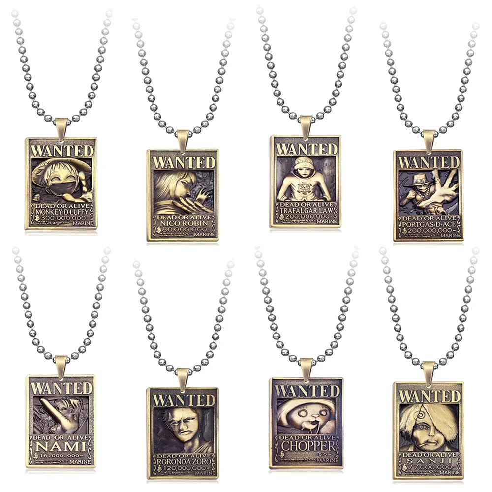 

Anime One Piece Wanted Necklaces Sanji Metal Pendants Zoro Monkey D.Luffy Neck Chain Choker Nico·Robin Nami Cosplay Jewelry Gift