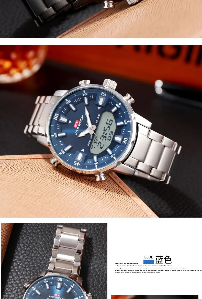 KT New Mens Watches with Stainless Steel Dual Display Waterproof 3D Dial Analog Digital Chronograph Male Sport Style KT1815