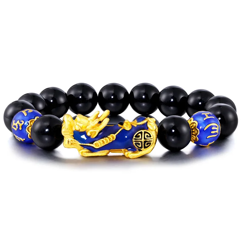 

Black Agate Bracelet Buddhism Pixiu Brave Troops Gold Plated 24k Mantra Temperature Change Color Lucky Energy Bangles Jewelry