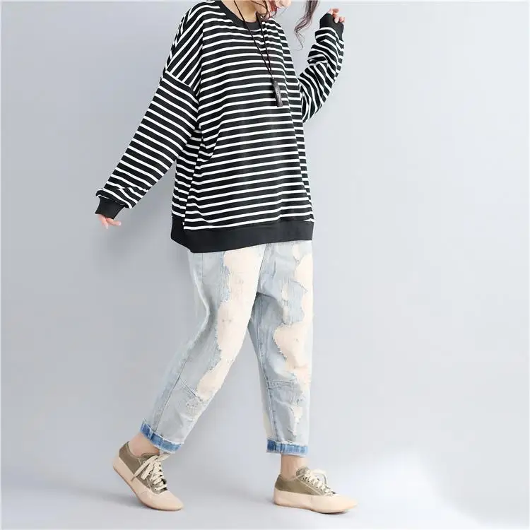 Плюс размер Полосатый осенний свитер пуловер Женский Kpop хлопок свободный над размером d толстовки модная уличная Sudadera Mujer
