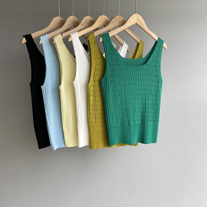 

Chic Solid Sleeveless Bottoming Tanks Square Collar Backless Slim Knitted Tshirts 2021 Spring Summer Simple All Match Tops