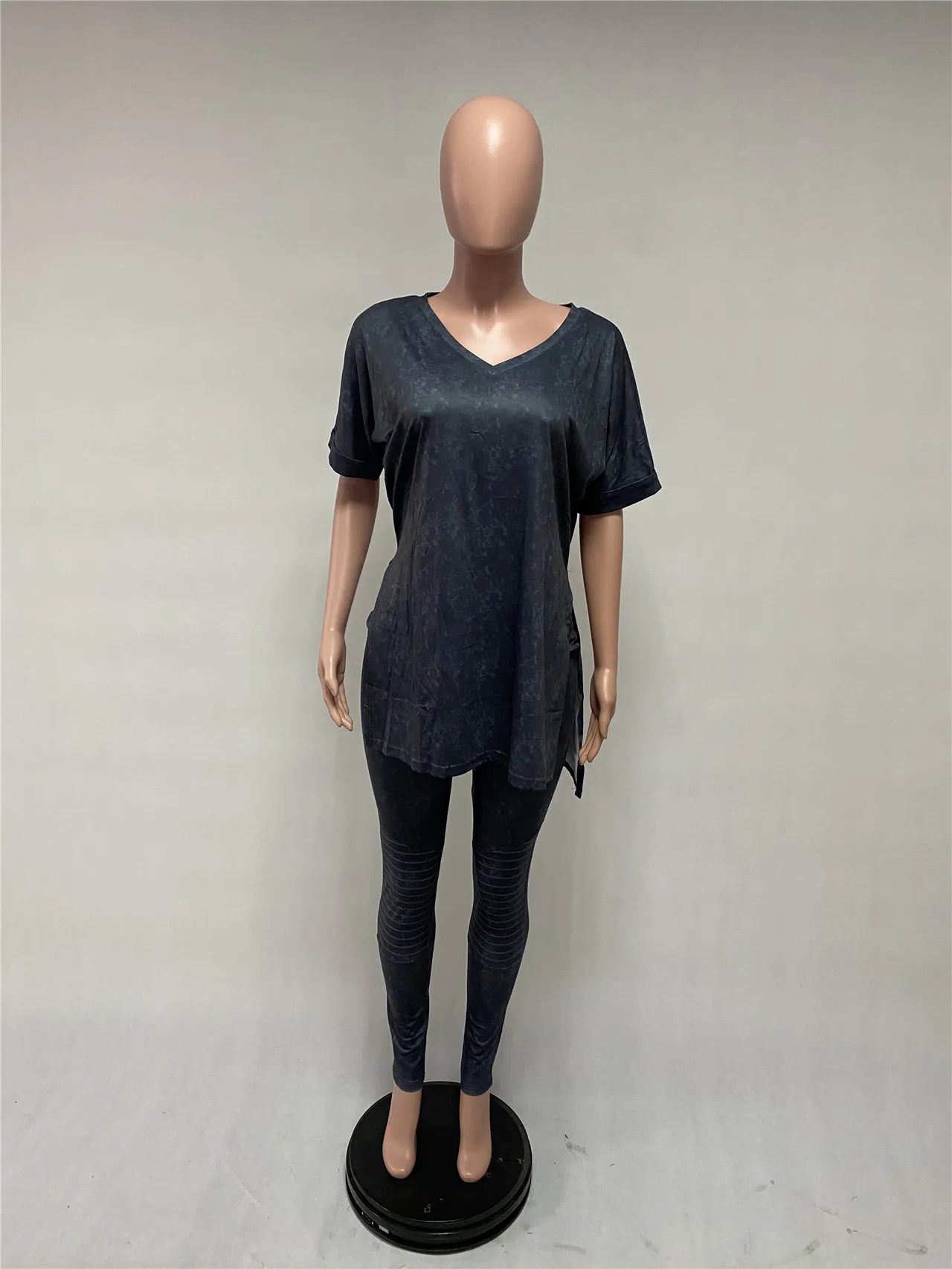 

Cutubly Casual Two Piece Set Outfits Women Short Sleeve Two Piece Set Solid V-Neck High Low Tee Top Strap Leggings Pants Suit